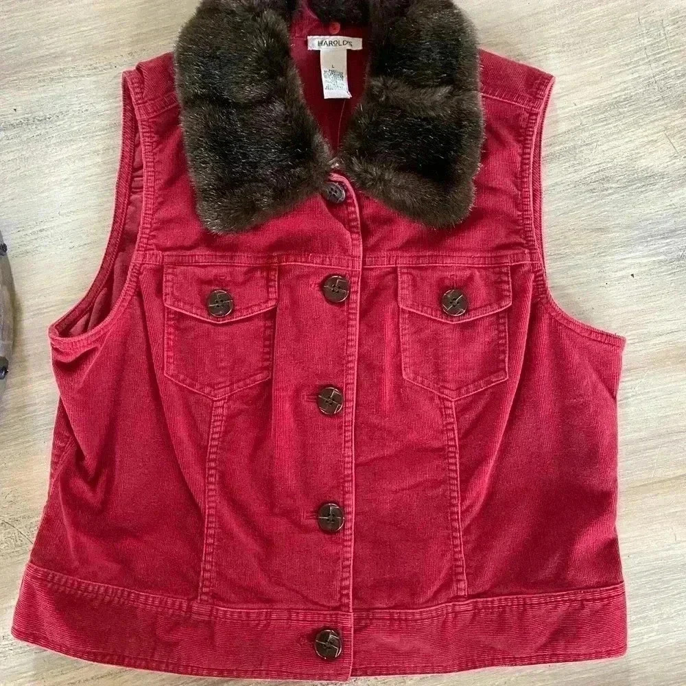 Harold’s red corduroy vest / faux fur collar